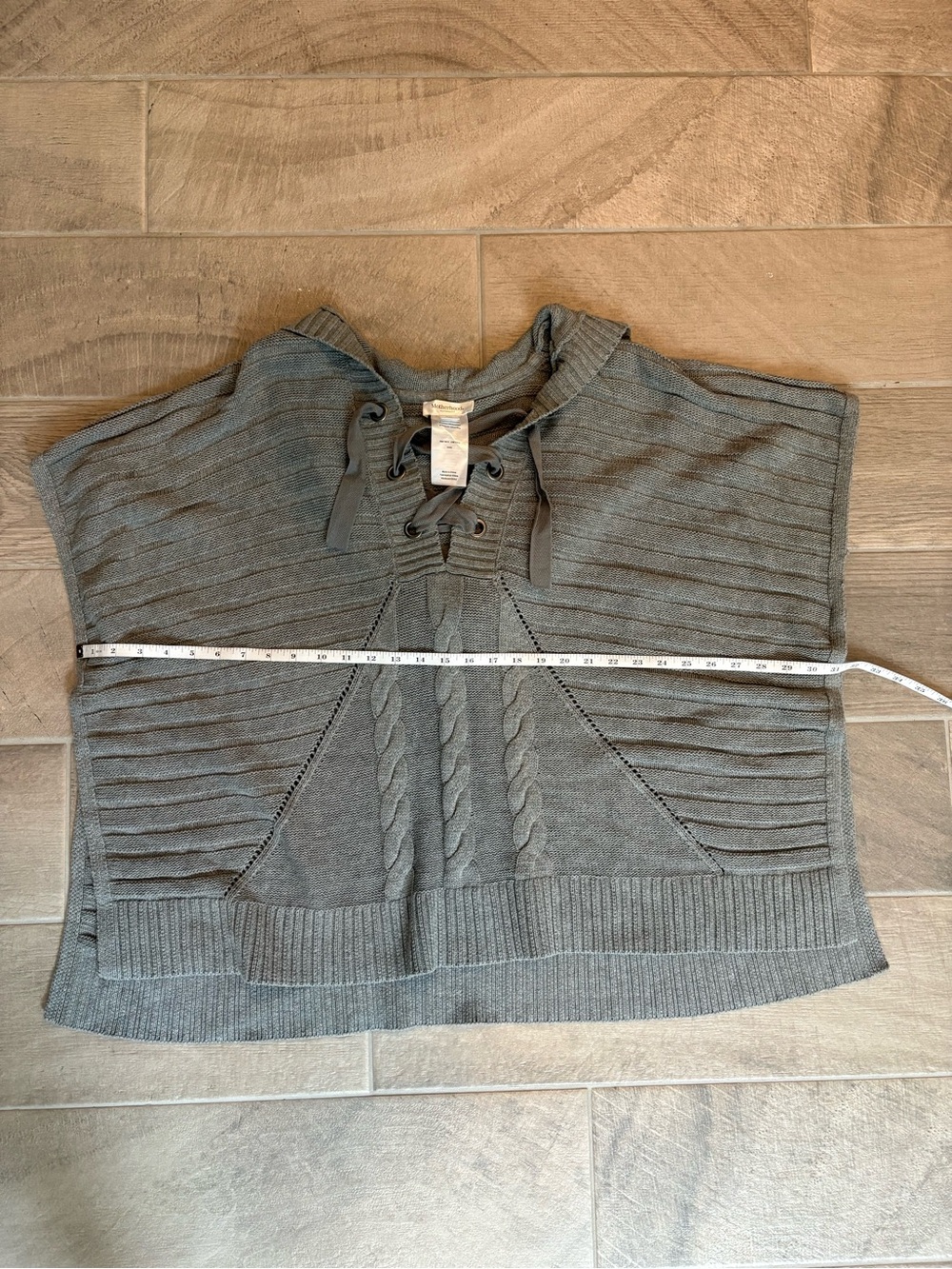 Motherhood Maternity Gray Knit Lace-Up Hooded Poncho Sweater S/M Cozy Oversized - Picture 6 of 9